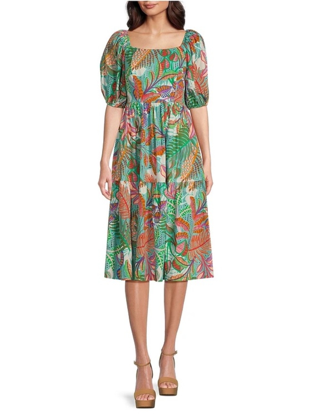 Vince Camuto Square Neck Short Puffed Sleeve Dress Tropical Print NWT